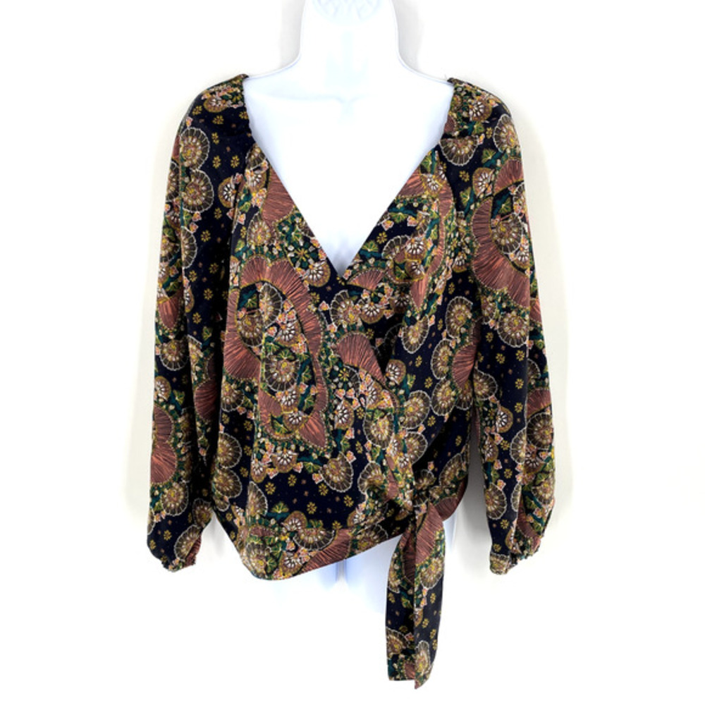 J.Crew Point Sur Womens Paisley Satin‎ Wrap Blouse V-Neck Multicolor Sz M